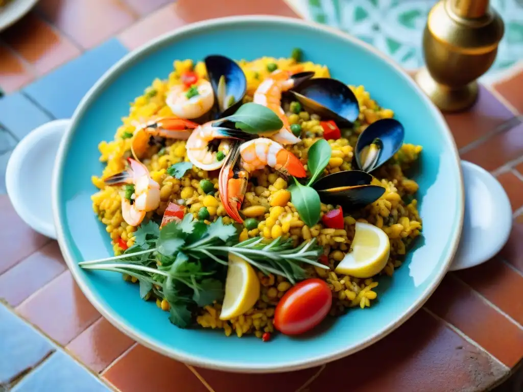 Un festín sin gluten en Sevilla: paella con mariscos frescos y vegetales coloridos en un patio andaluz