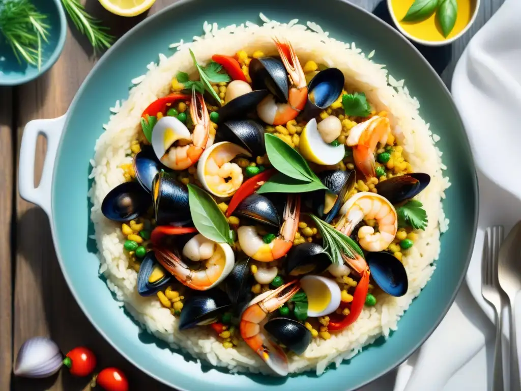 Un festín de paella de mariscos sin gluten, con una explosión de colores y sabores en una mesa rústica