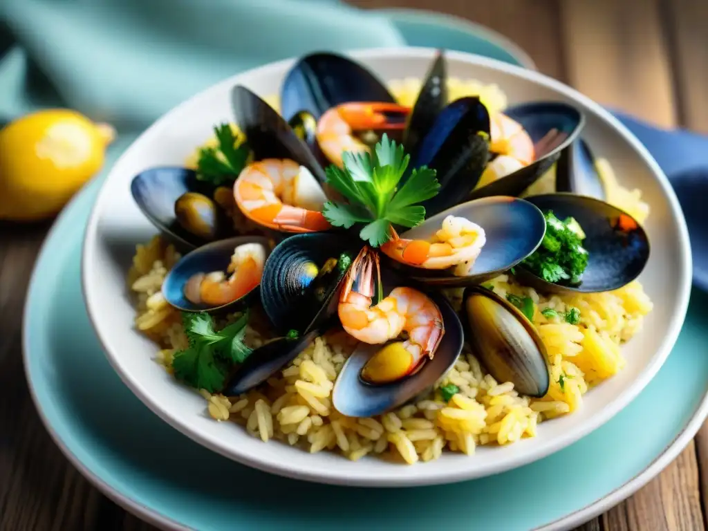 Un festín de paella de mariscos latinos sin gluten, colorida y apetitosa, lista para saborear con vino blanco