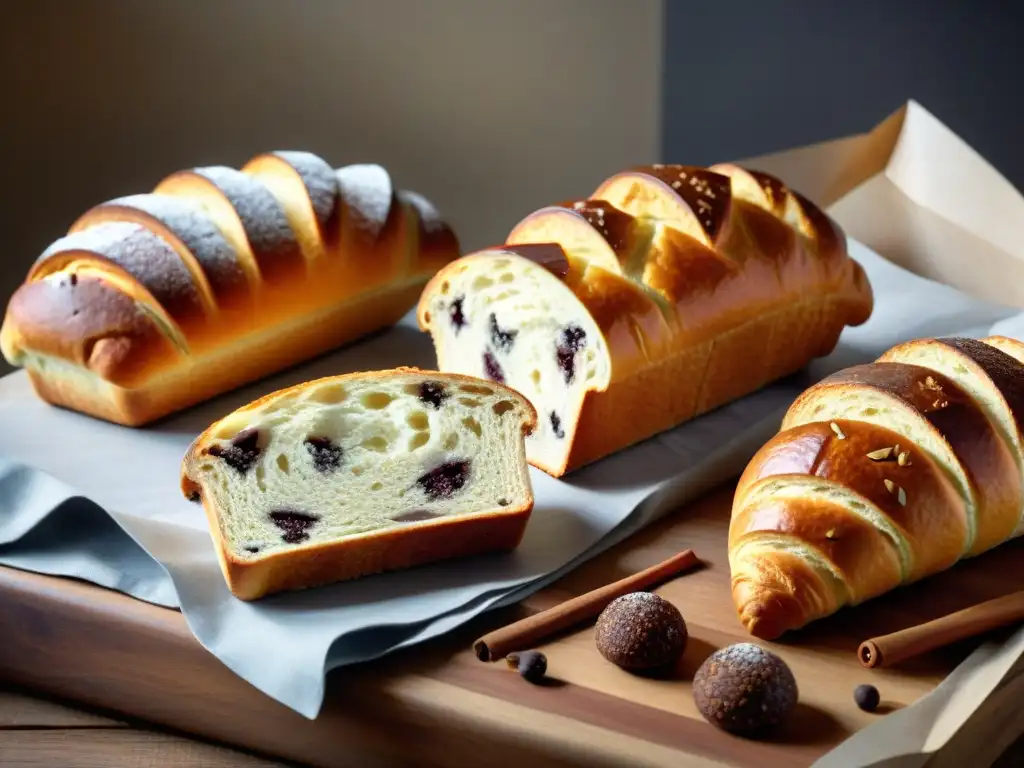 Un festín de panes y pasteles sin gluten en una mesa rústica, bañados por luz natural