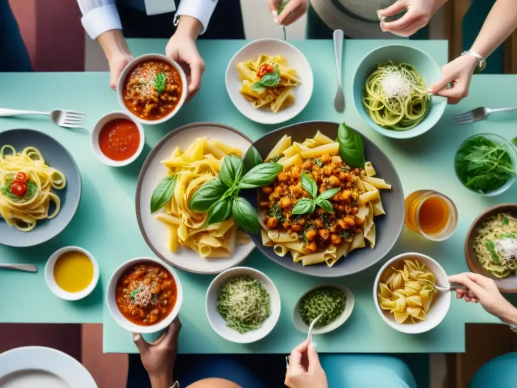 Un festín de pasta sin gluten con amigos felices y variadas marcas recomendadas