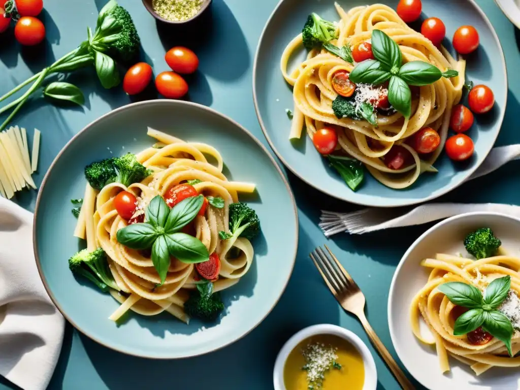 Un festín de pasta sin gluten: Spaghetti aglio e olio, fettuccine Alfredo y penne arrabbiata en elegantes platos de cerámica