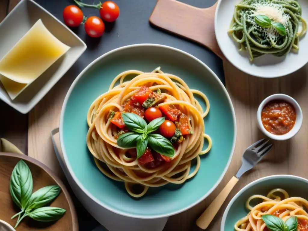 Un festín de pastas sin gluten: platos de espaguetis, fettuccine alfredo y penne con pesto, adornados con tomate, albahaca y queso parmesano