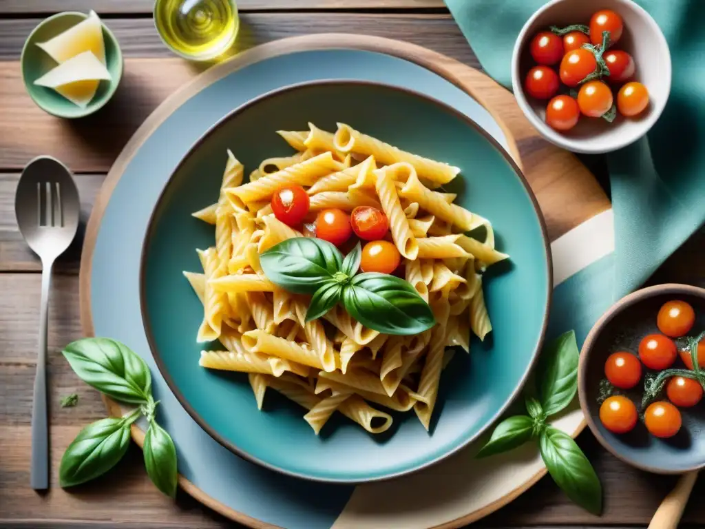 Un festín de pastas sin gluten: variedad de formas y colores en una mesa rústica, con tomates cherry, albahaca y queso parmesano