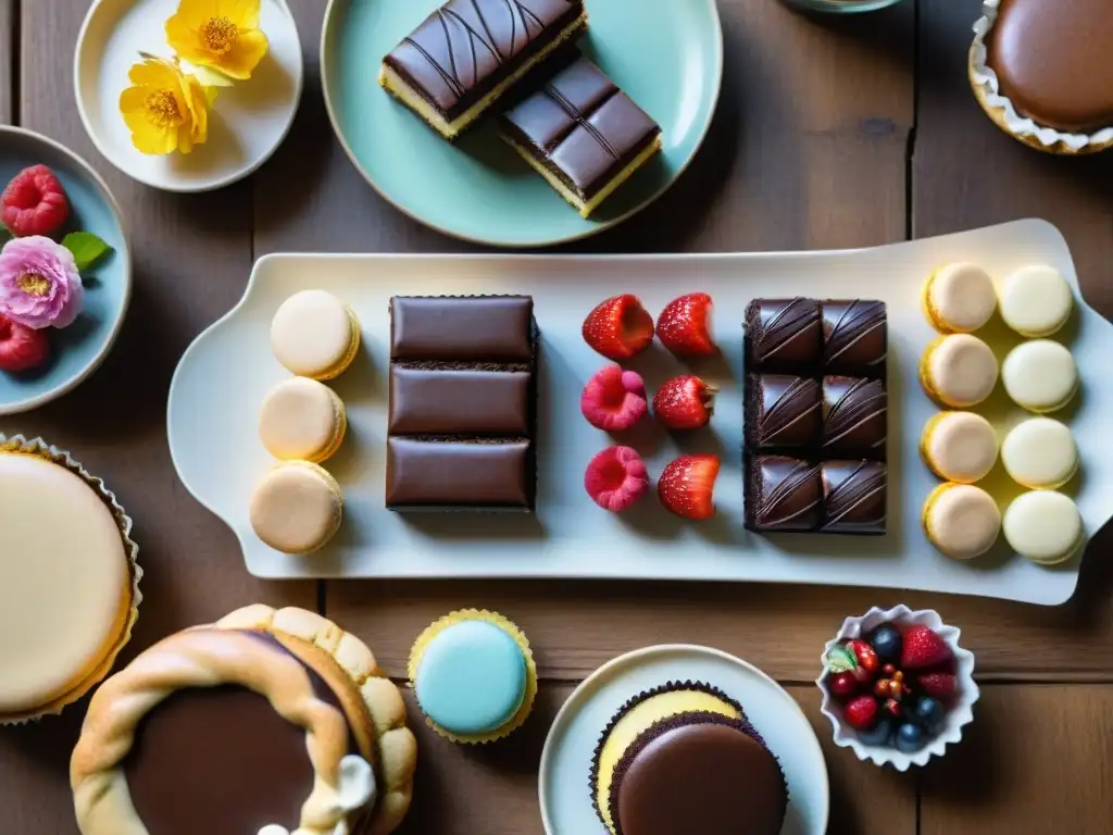 Un festín de pastelería sin gluten deliciosa en una mesa rústica, con sonrientes disfrutando