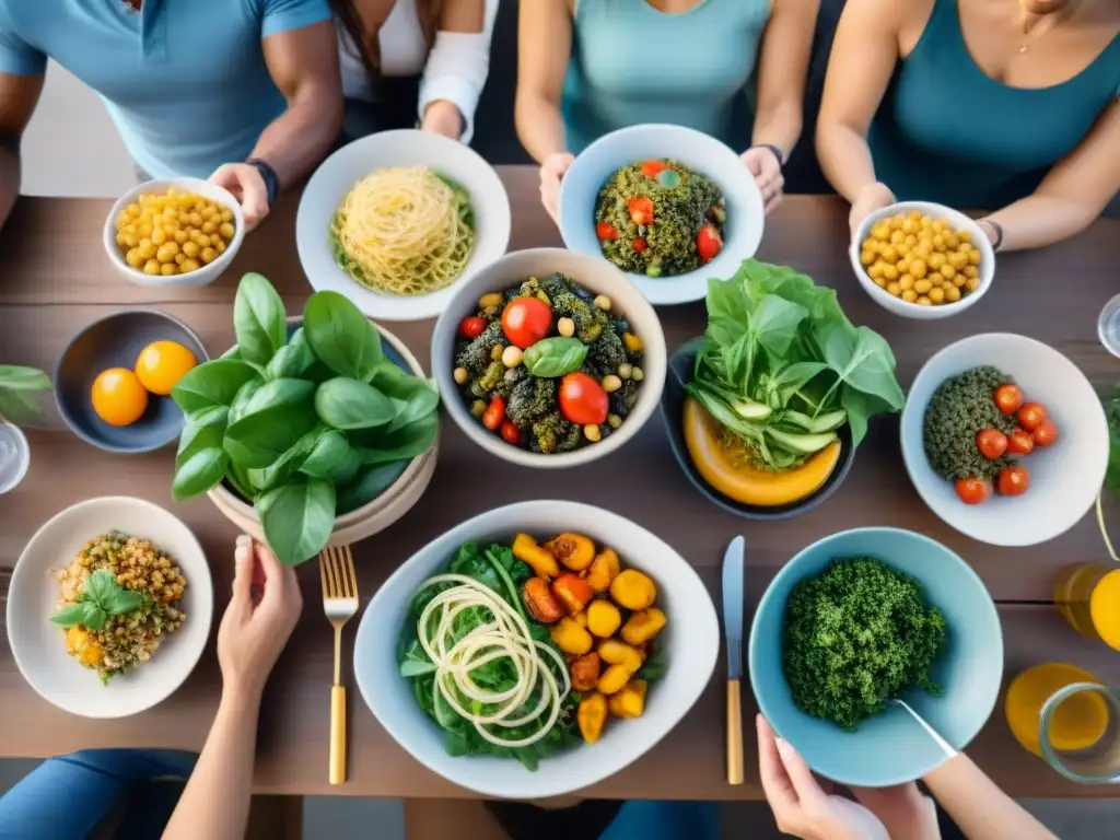 Un festín sin gluten: personas felices disfrutando de una comida colorida y deliciosa, reflejando los beneficios mentales de una dieta equilibrada