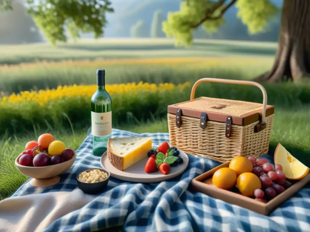 Un festín sin gluten en un picnic de verano bajo un roble, rodeado de mariposas y flores silvestres