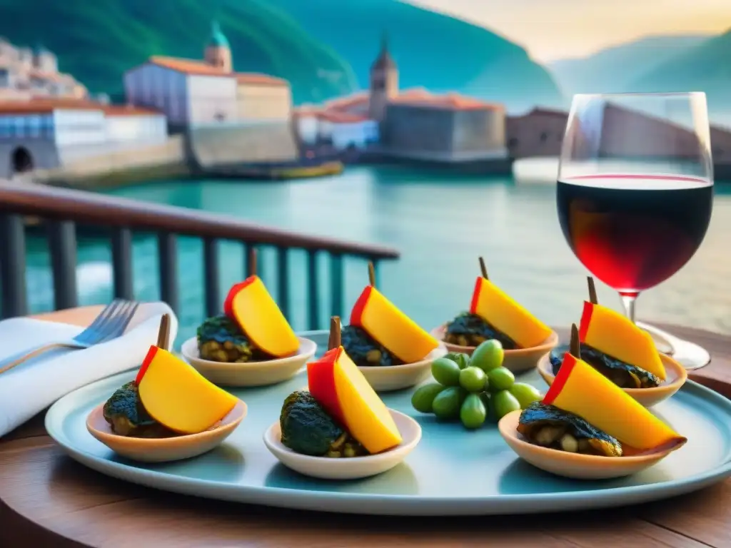 Un festín de pintxos vascos en San Sebastián, con vista al casco antiguo y vaso de txakoli