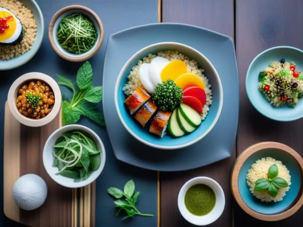 Deliciosas recetas sin gluten con quinoa en mesa de madera Un festín de platillos sin gluten con quinua, mostrando la versatilidad y delicias