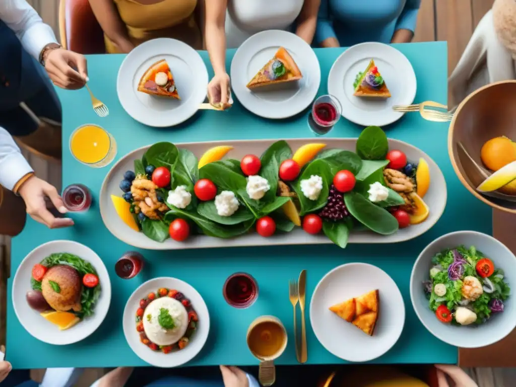 Un festín de platos sin gluten en un restaurante recomendado, con gente sonriente disfrutando de delicias coloridas