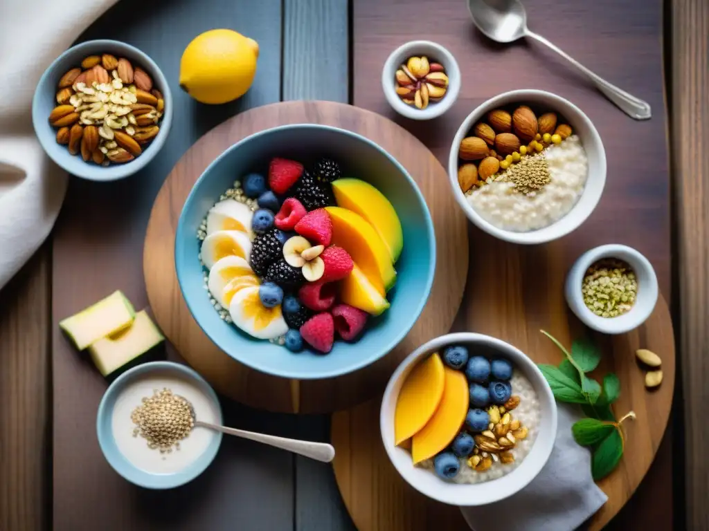 Bowls de avena sin gluten: colores y texturas vibrantes Un festín de porridge sin gluten nutritivo, lleno de frutas frescas, frutos secos y semillas, sobre una mesa de madera rústica con luz suave