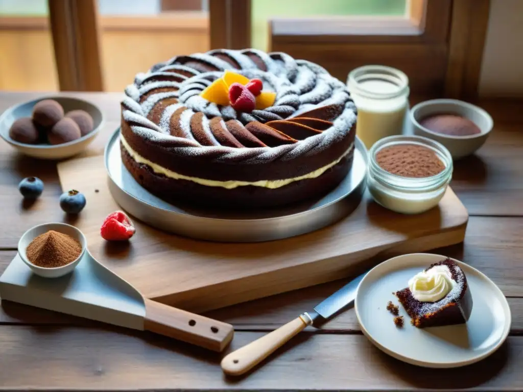 Un festín de postres fermentados sin gluten: pastel de chocolate, tarta de frutas, rollos de canela y yogur de coco casero en una mesa rústica