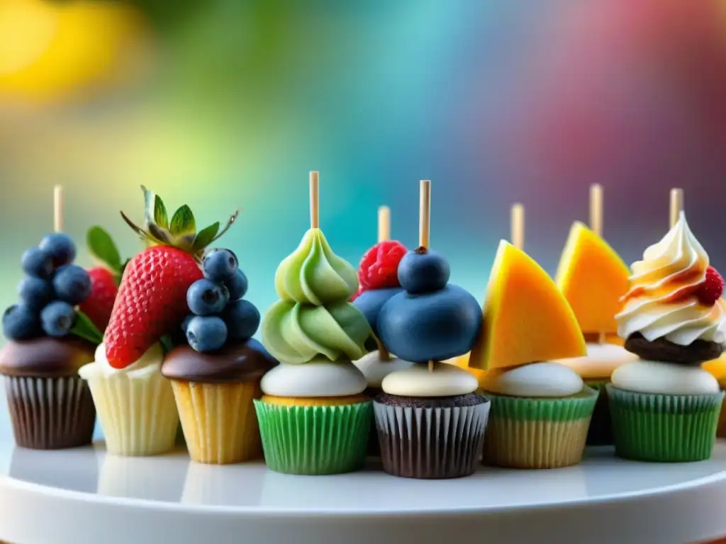 Un festín de postres sin gluten para niños: brochetas de frutas, malvaviscos con chocolate y cupcakes coloridos en una mesa caprichosa