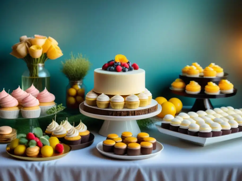 Un festín de postres sin gluten para fiestas: cupcakes, macarons y frutas en una mesa decorada con elegancia y colorido