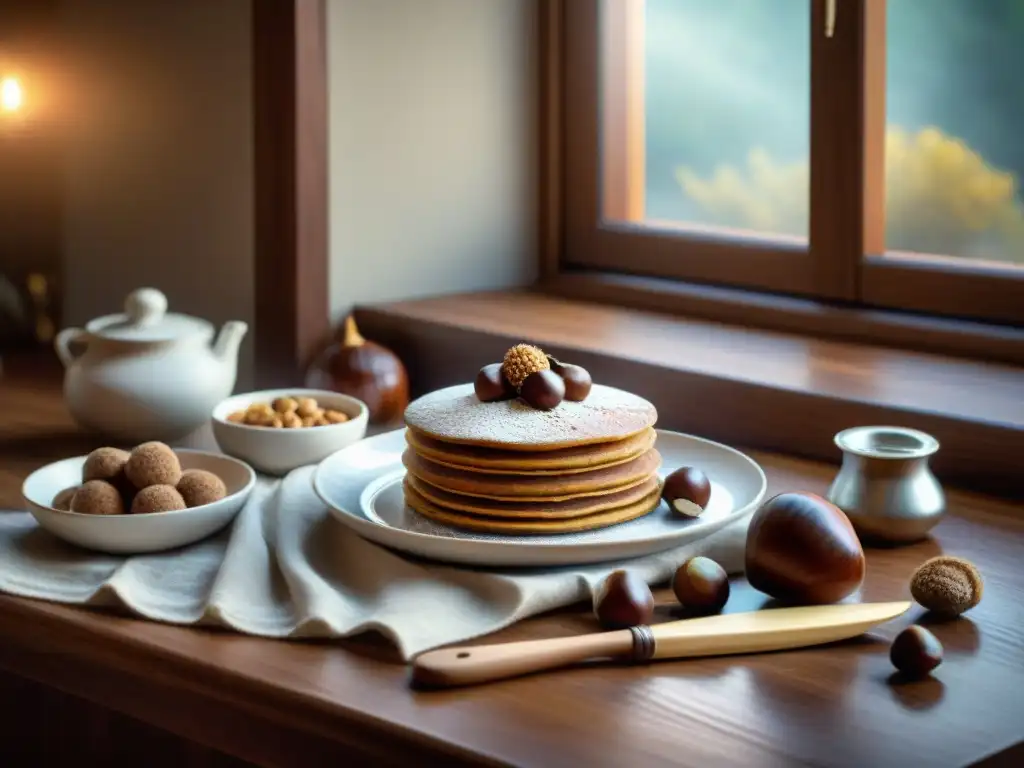 Un festín de postres sin gluten con harina de castaña en una mesa rústica de madera