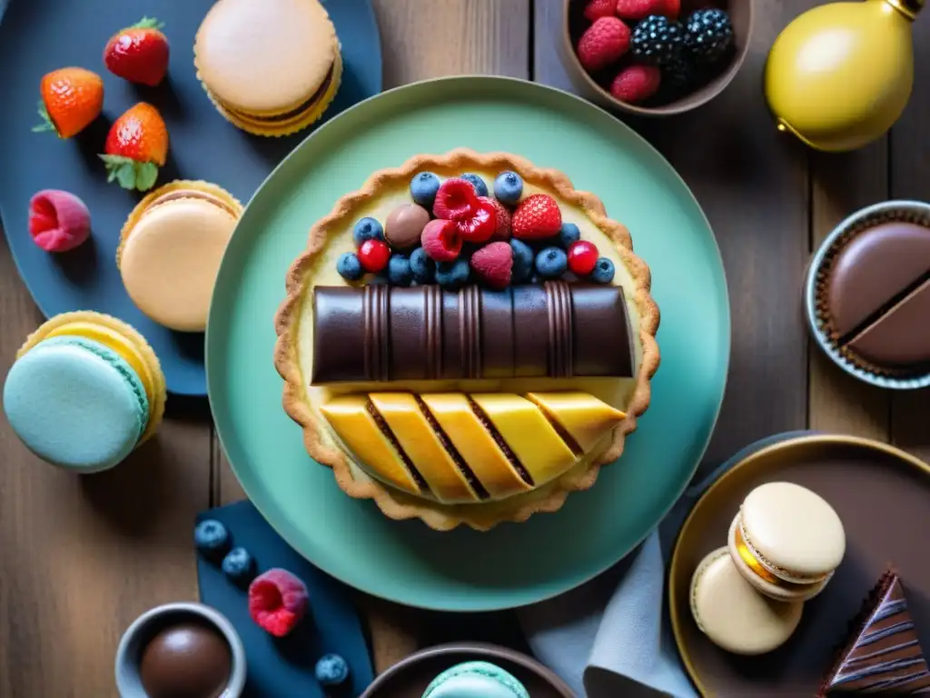 Delicias sin gluten: pastelería vibrante y exquisita Un festín de postres sin gluten innovadores, con pastel de chocolate, macarons, croissants y tartas de frutas coloridas en una mesa rústica