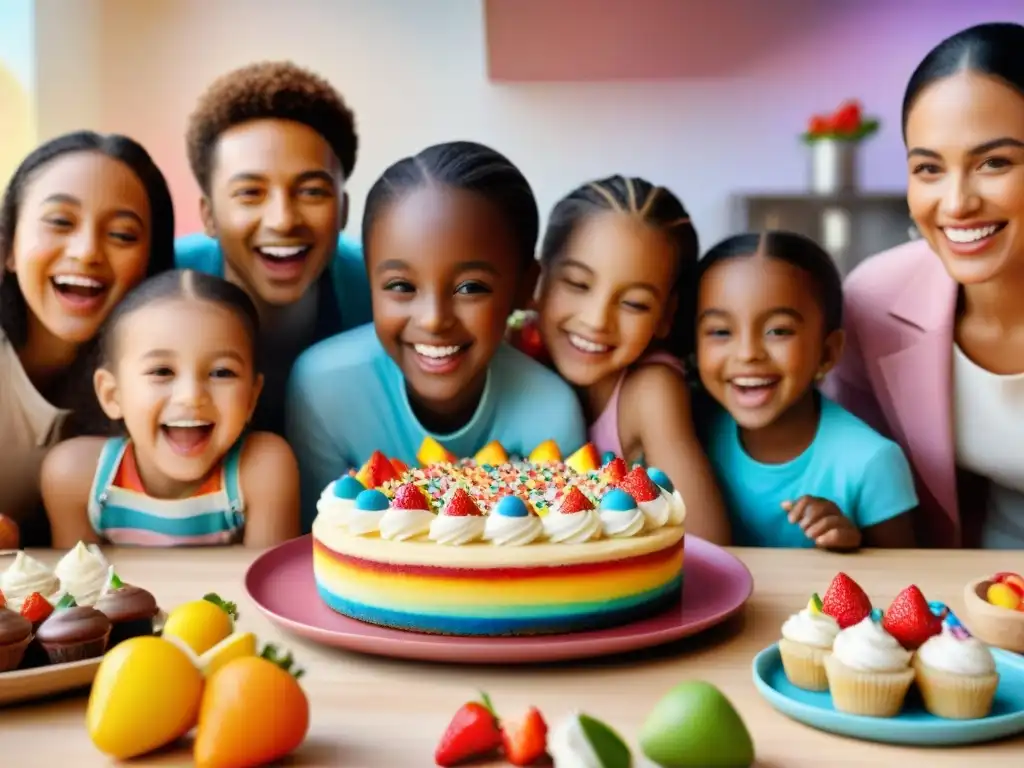 Un festín de postres sin gluten para niños: alegres niños de diferentes edades y razas disfrutan de dulces tentaciones en una mesa colorida