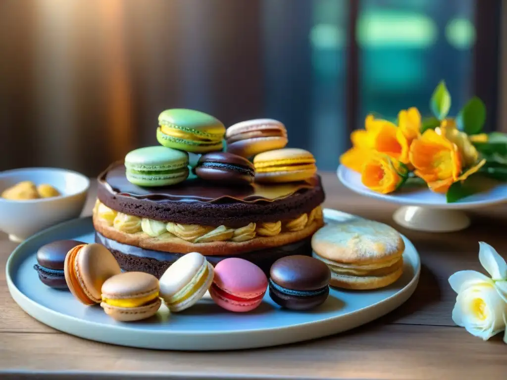 Exquisita variedad de postres sin gluten en mesa rústica Un festín de postres sin gluten saludables: pastelería variada en una mesa rústica con flores frescas
