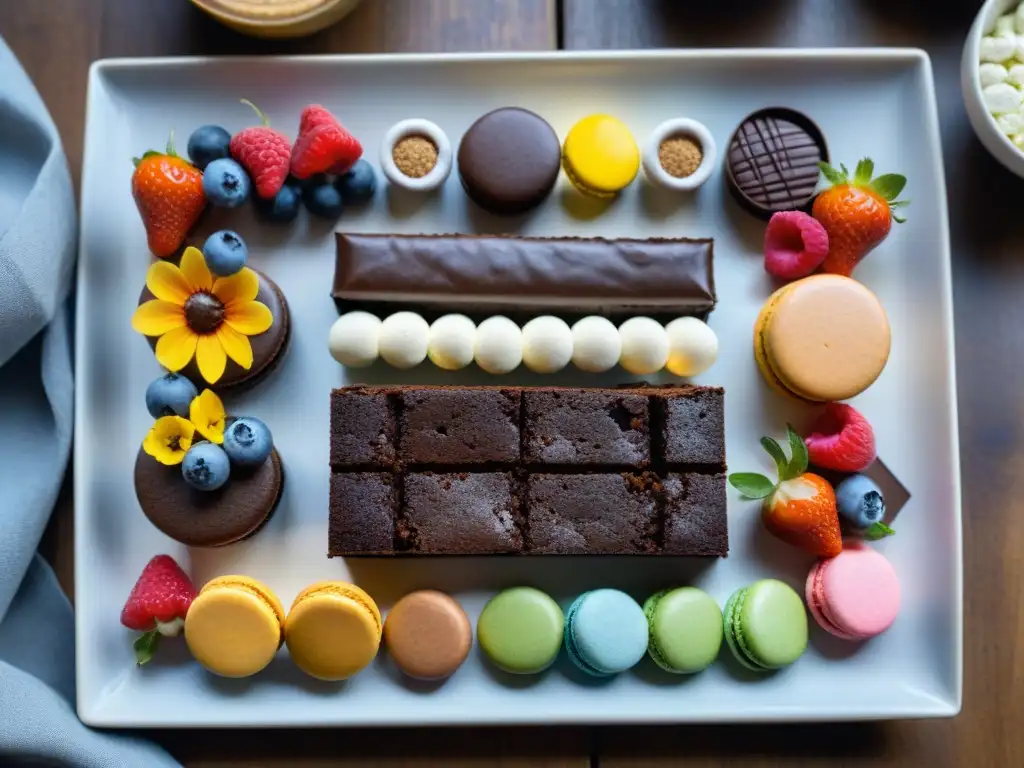 Delicias sin gluten: brownies, macarons y tarta de frutas en mesa rústica Un festín de postres sin gluten saludables: brownies de chocolate, macarons y tartaletas de frutas en una mesa rústica iluminada