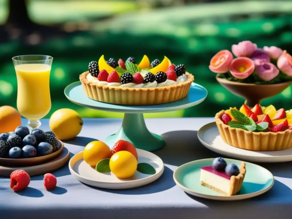 Un festín primaveral sin gluten: exquisitas tartas rodeadas de flores y colores pastel en un jardín soleado