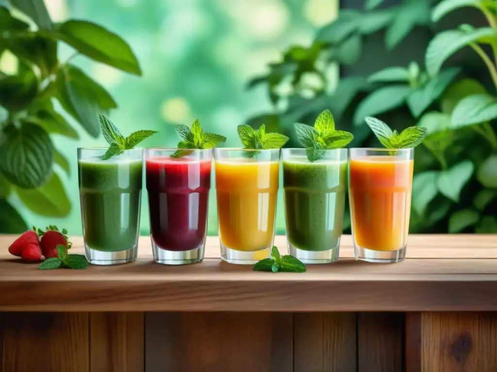 Un festín primaveral de smoothies sin gluten en copas elegantes, decorados con frutas y menta fresca, sobre una mesa rústica iluminada por el sol