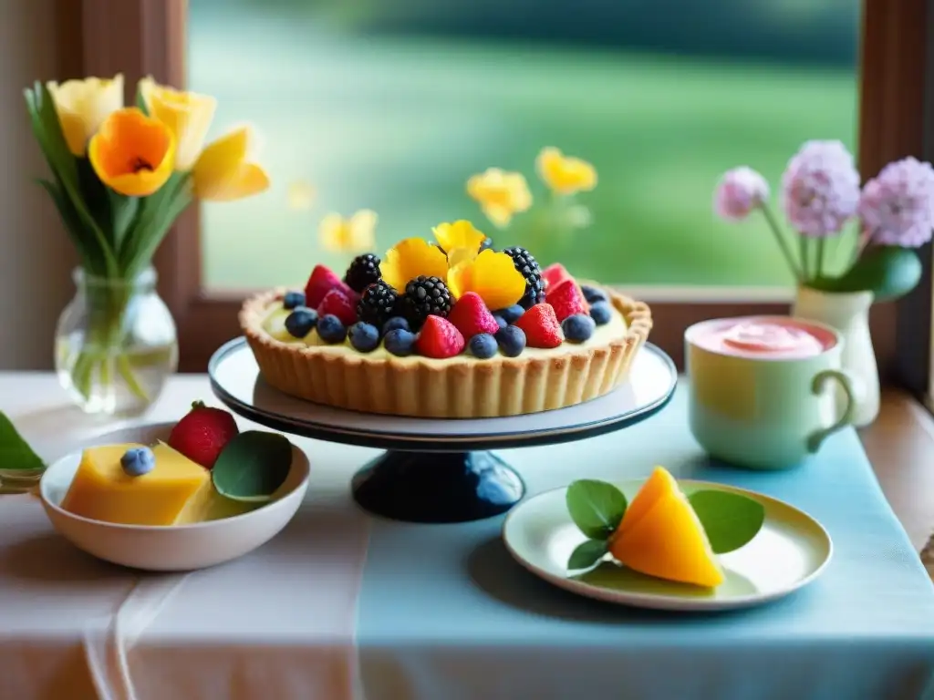 Un festín primaveral vibrante con tartas sin gluten decoradas con frutas frescas y flores comestibles