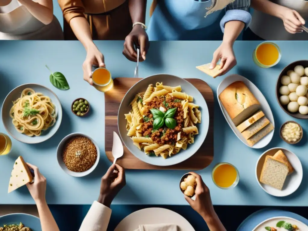 Un festín de productos sin gluten innovadores 2023 en una mesa bellamente decorada, donde un grupo diverso de personas sonríe y disfruta juntos