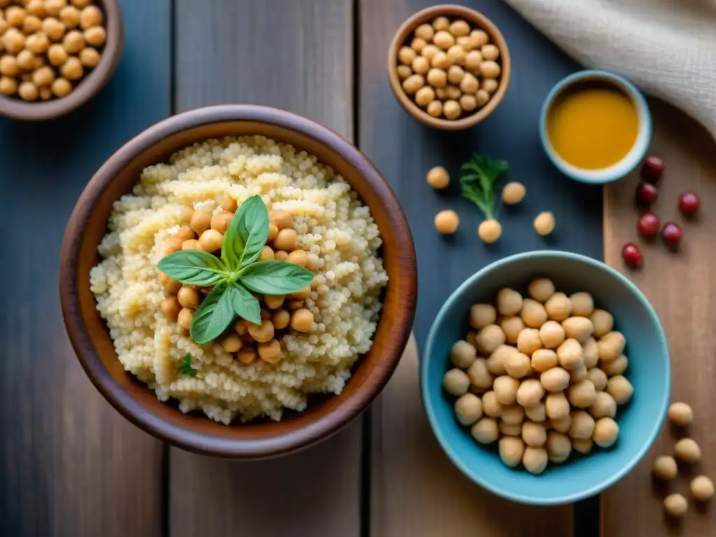 Un festín de proteínas sin gluten alternativas: quinoa, lentejas, garbanzos, almendras y tofu en una mesa de madera rústica, iluminados suavemente