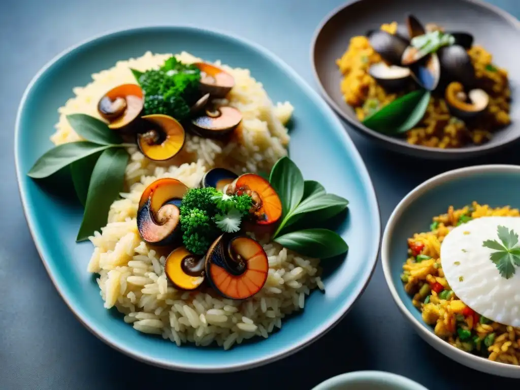 Un festín de recetas arroz sin gluten completas: paella, risotto y curry, en platos de cerámica sobre una cocina soleada