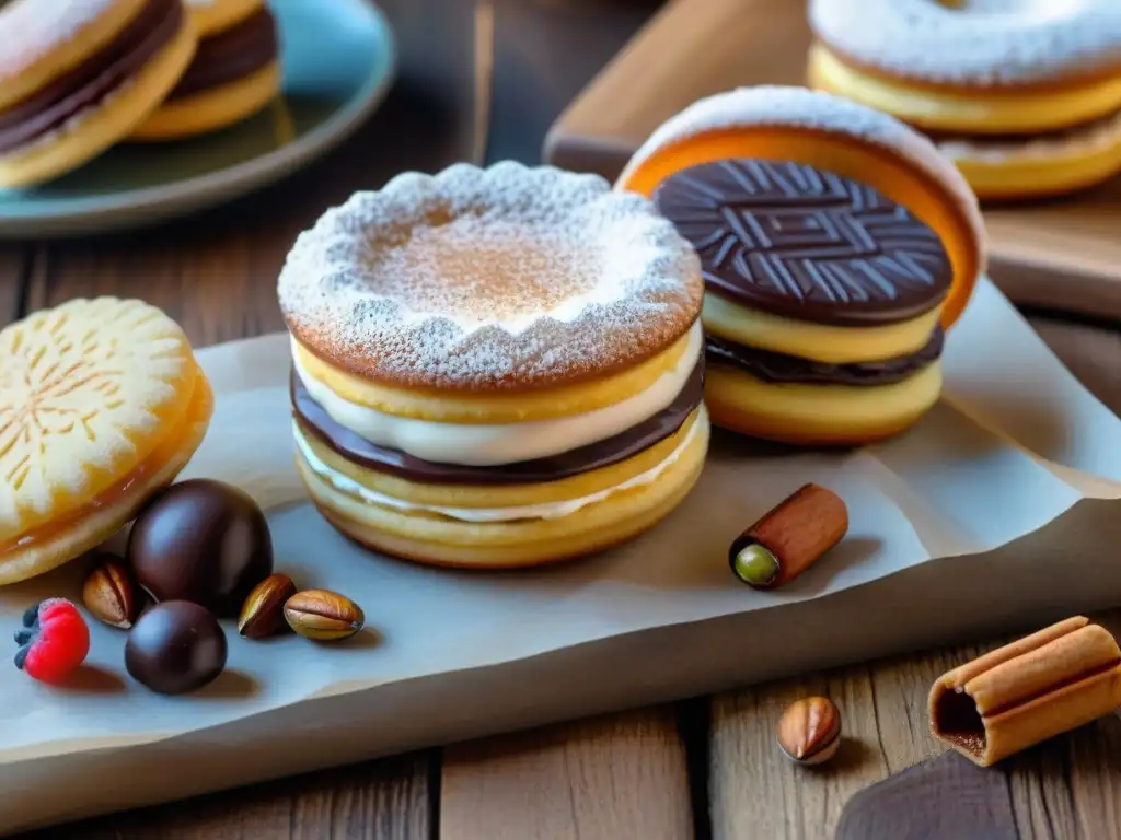 Un festín de recetas dulces latinos sin gluten: alfajores, churros y pastel tres leches, decorados con frutas, nueces y chocolate, sobre mesa rústica