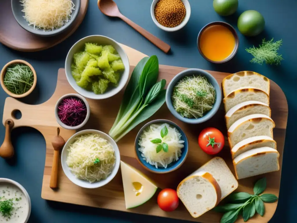 Un festín de recetas fermentadas sin gluten innovadoras en una tabla de madera