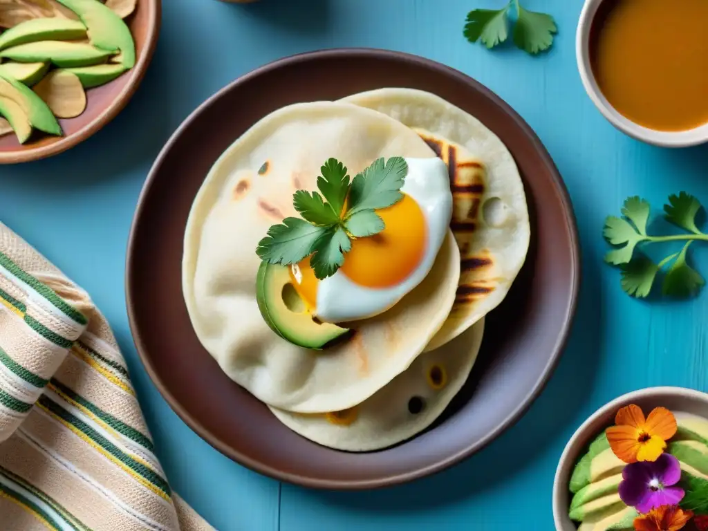 Un festín de recetas sin gluten antojitos latinos en platos de cerámica, con aguacate y flores comestibles, sobre mesa rústica y mantel tejido