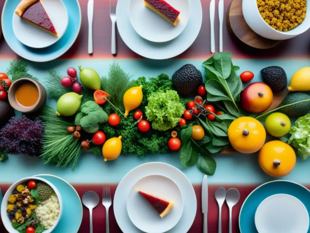 Un festín de recetas sin gluten innovadoras en una mesa bellamente decorada con platos coloridos y exóticos