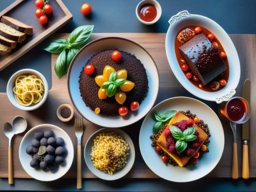 Un festín de recetas sin gluten innovadoras en un restaurante, con platos coloridos y detallados en una mesa rústica