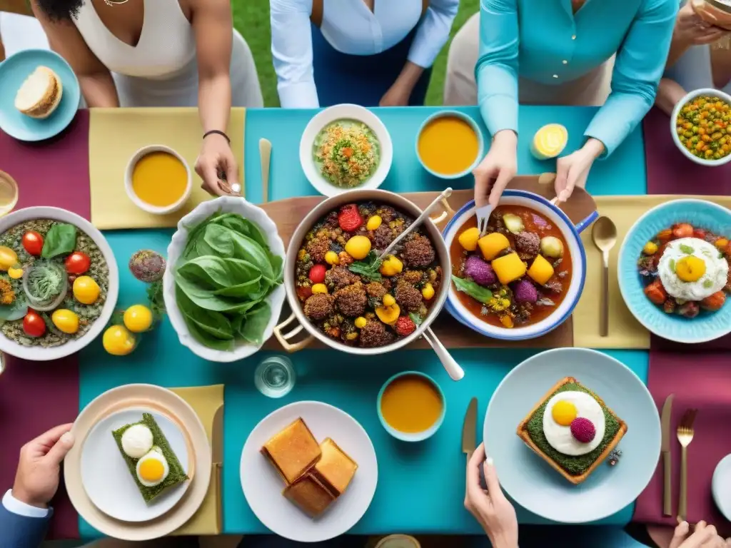 Un festín de recetas innovadoras sin gluten en una mesa, creando una atmósfera de comunidad y descubrimiento culinario