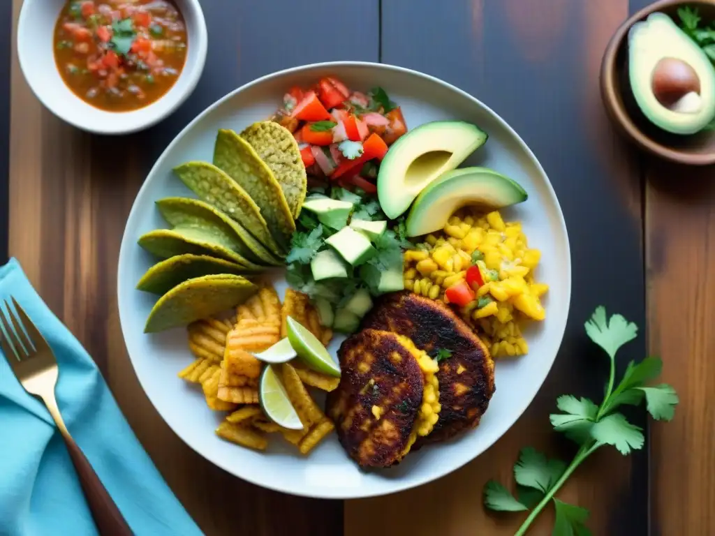 Un festín de recetas latinas sin gluten: arroz con pollo, carne asada, tostones y ceviche en una mesa rústica con cilantro, limón y aguacate