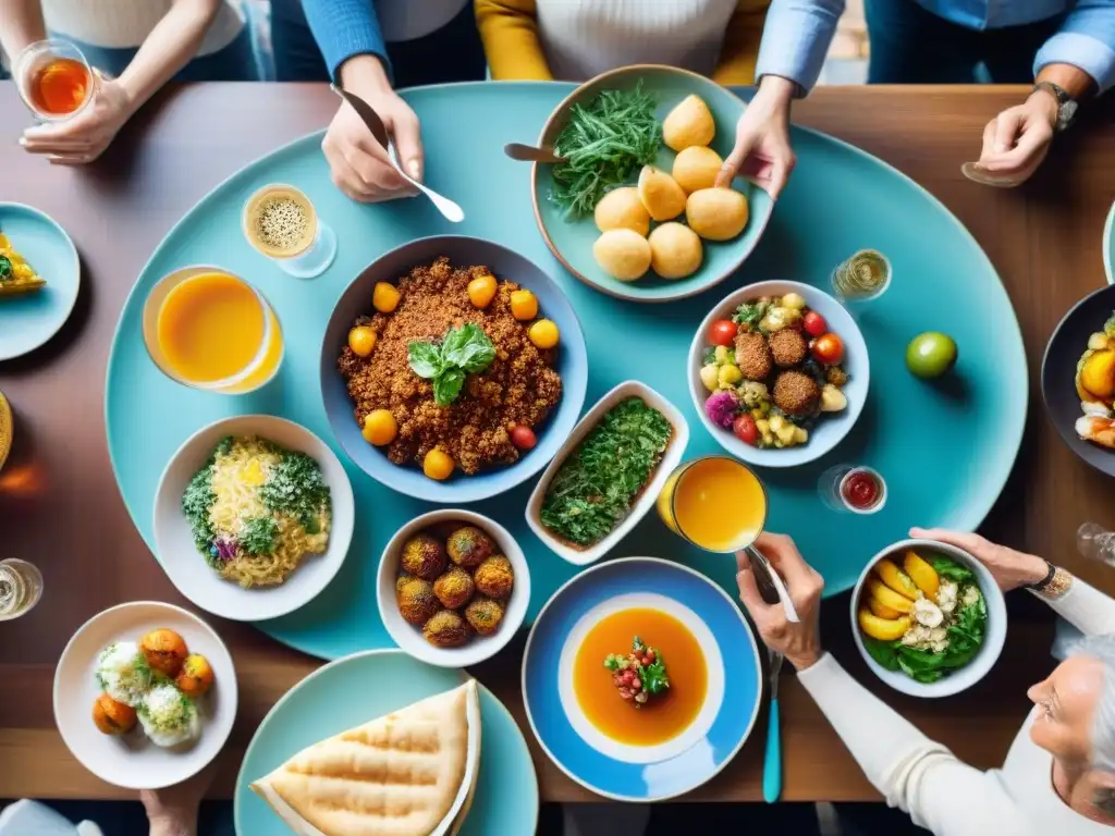 Un festín de sabores y colores en una mesa vibrante, rodeada de comensales felices