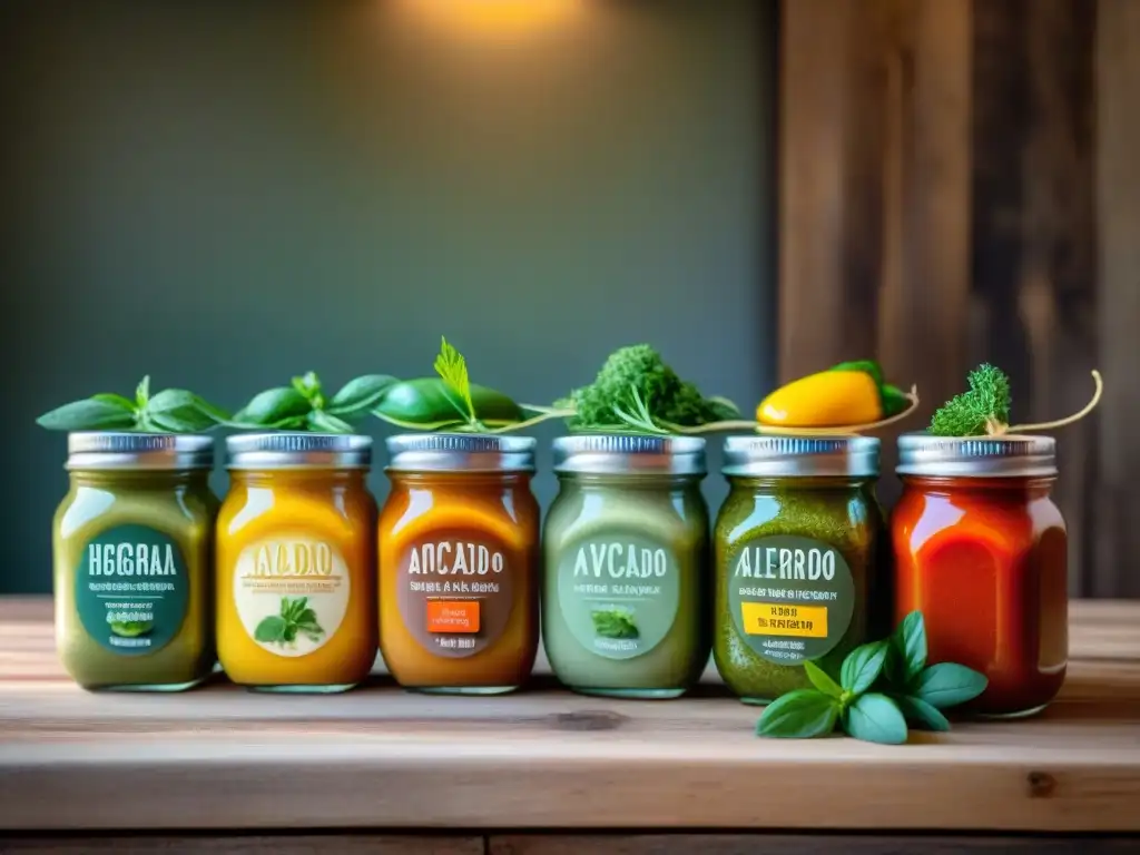 Un festín de salsas sin gluten sin lácteos en tarros de vidrio, destacando colores y texturas, en una mesa rústica iluminada naturalmente
