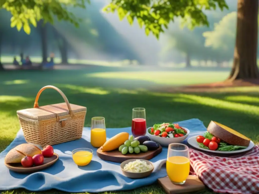 Un festín saludable al aire libre con un grupo diverso disfrutando de alimentos sin gluten, creando un ambiente cálido y acogedor