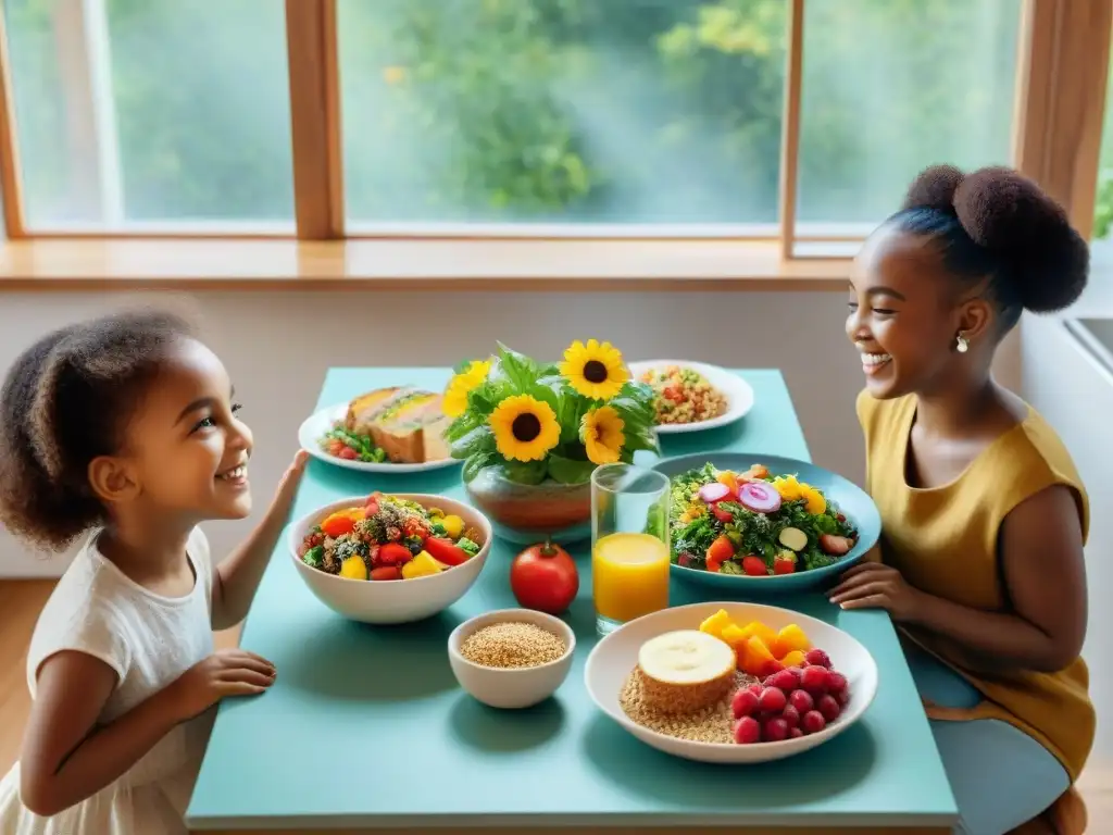 Un festín saludable y colorido para niños: una mesa llena de comida vegana sin gluten, en un ambiente alegre y acogedor