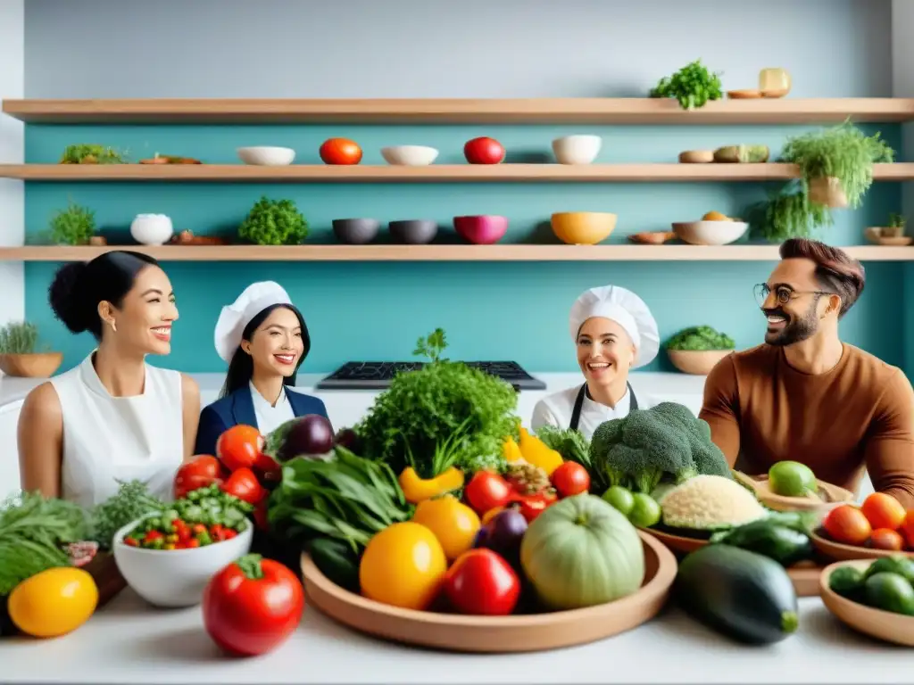 Un festín saludable: expertos y personas felices en una mesa con platos coloridos y deliciosos, ambiente acogedor