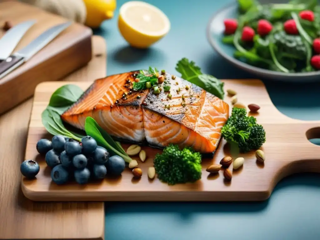 Un festín saludable sin gluten para combatir fatiga, con bayas, vegetales, frutos secos, salmón a la parrilla y quinoa