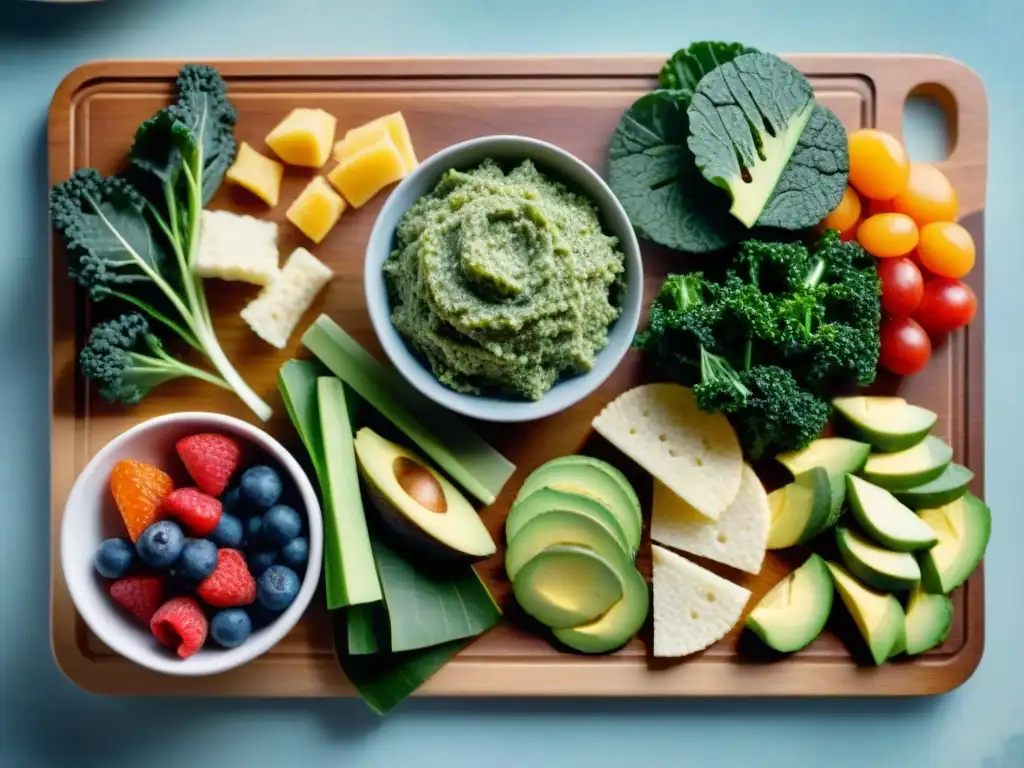 Un festín saludable y sin gluten: vegetales, arroz con aguacate, chips de kale y bayas frescas sobre tabla de madera