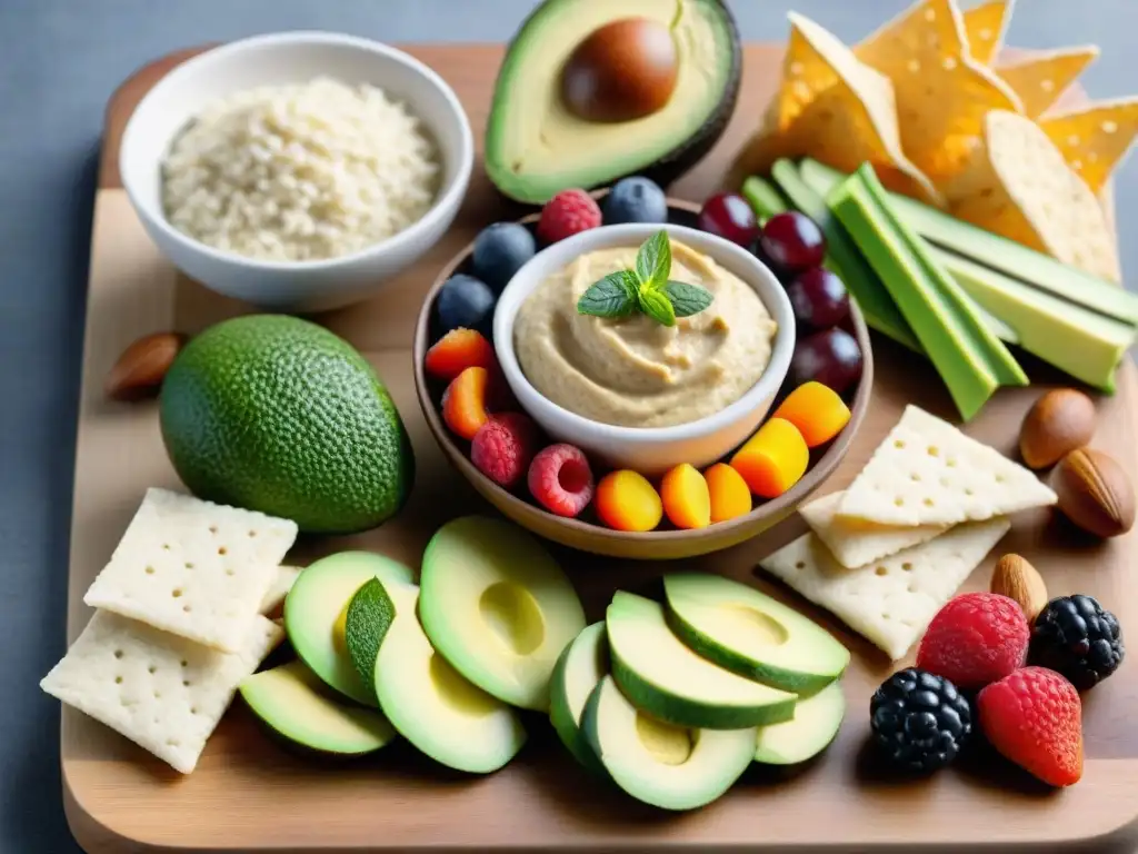 Un festín saludable de snacks sin gluten en tabla de madera: vegetales, hummus, aguacate, nueces y bayas frescas