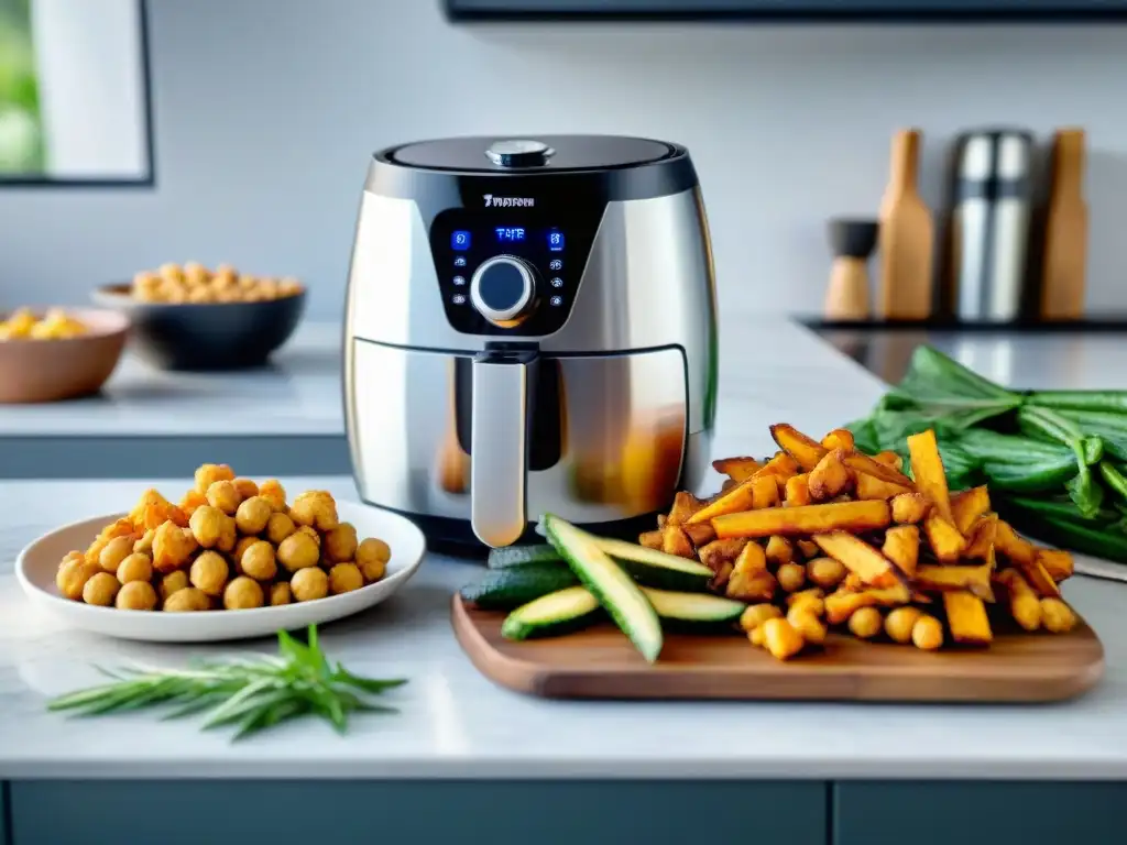 Un festín saludable de snacks sin gluten en freidoras en una cocina moderna y luminosa