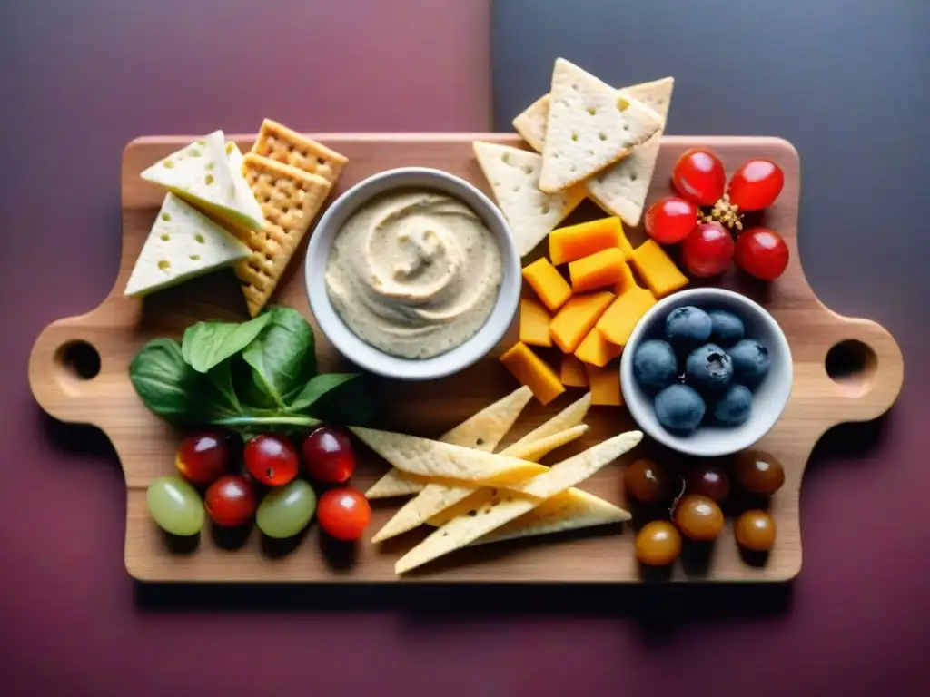 Un festín saludable de snacks sin gluten: vegetales, quesos, frutas y hummus en tabla de madera