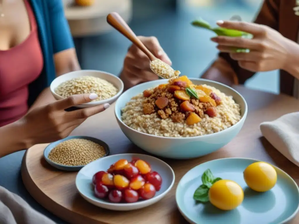 Un festín saludable y vibrante de avena sin gluten, disfrutado por un grupo diverso con expresiones de alegría y calidez