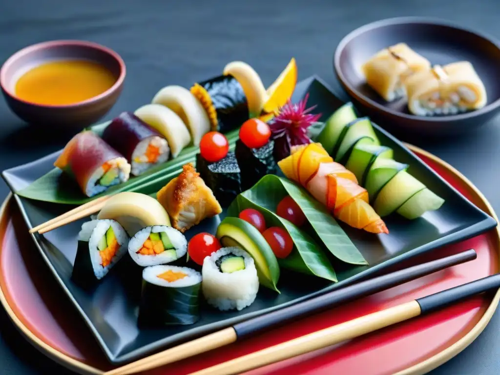 Un festín de snacks asiáticos sin gluten saludables: sushi, rollitos primavera, dumplings y brochetas de frutas en vajilla japonesa