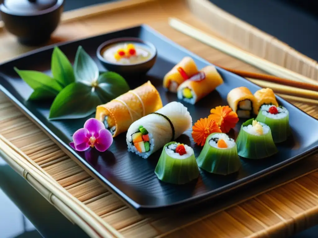 Un festín de snacks asiáticos sin gluten saludables: arroz crujiente, rollitos de primavera, dumplings y sushi, presentados con elegancia