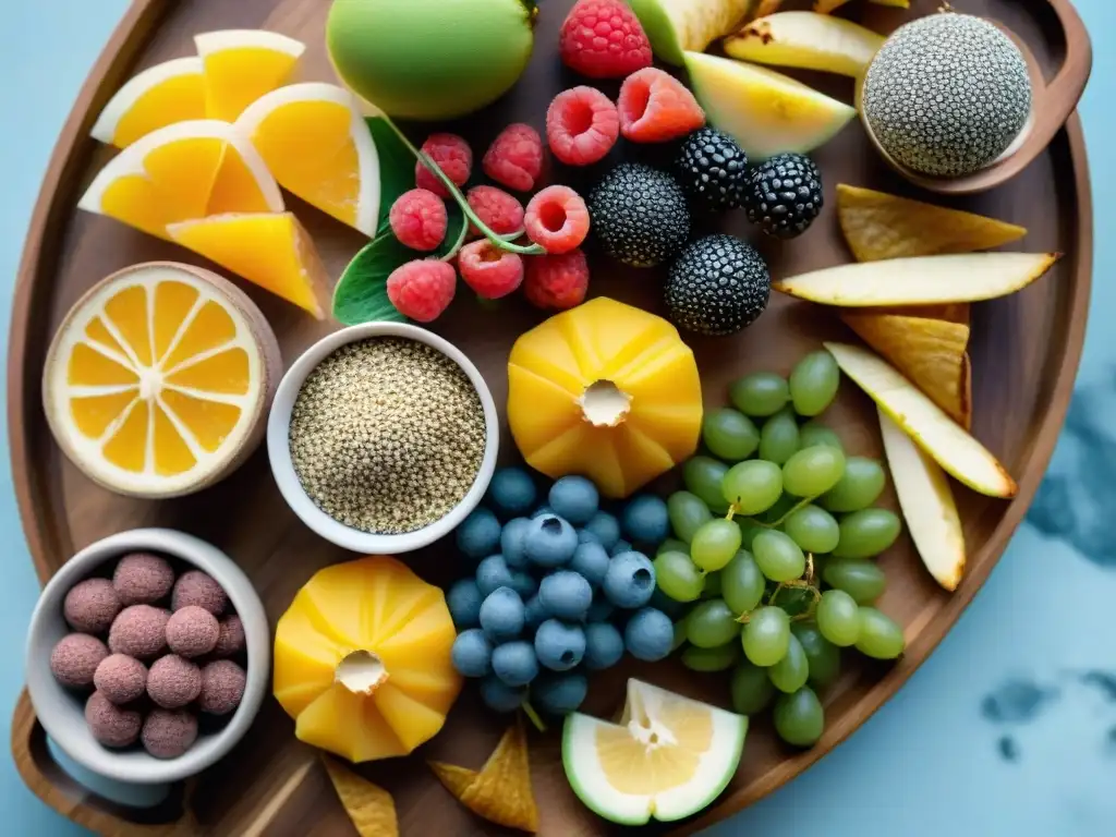 Un festín de snacks sin gluten para niños: brochetas de frutas, bolitas energéticas y chips de verduras en un plato de madera con chía y miel